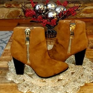 Express Faux Suede Gold Side Zipper Ankle Booties